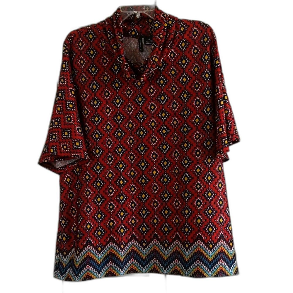 New Directions Red Geometric Flutter Sleeve Top Women's XL